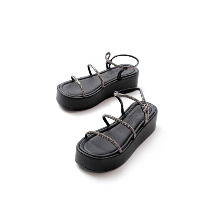 861-1008 Siyah Platin Taşlı Dolgu Topuklu Kadın Sandalet