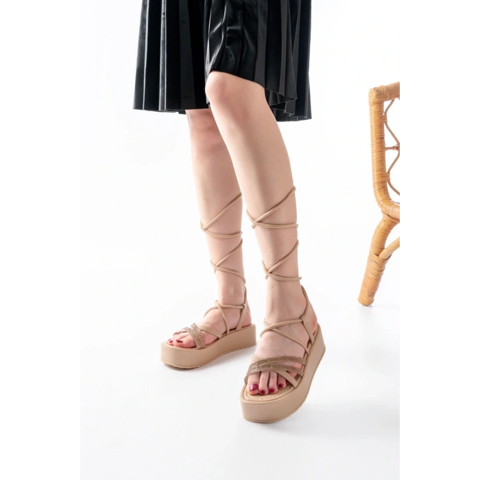 861-1010 Nut Rose Taşlı Bilekten Bağlamalı Kadın Sandalet