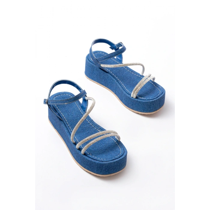 861-1017 Mavi Kot Taşlı Dolgu Topuklu Kadın Sandalet