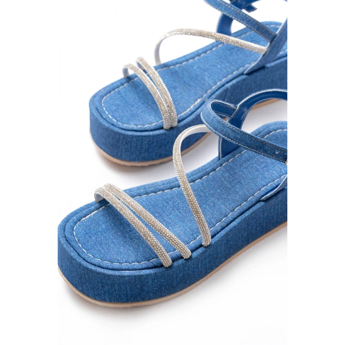 861-1017 Mavi Kot Taşlı Dolgu Topuklu Kadın Sandalet