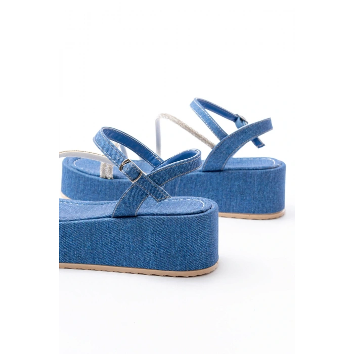 861-1017 Mavi Kot Taşlı Dolgu Topuklu Kadın Sandalet