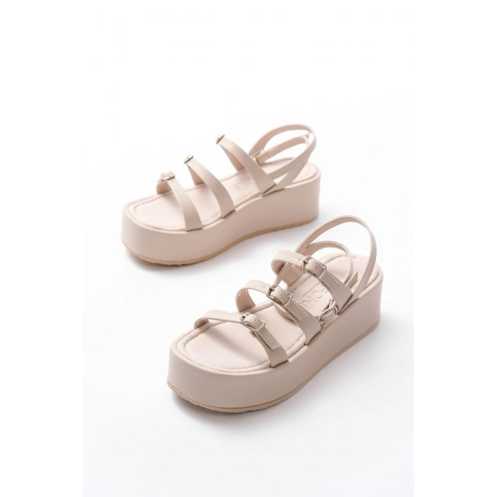 861-1222 Bej Tokalı Bilekten Bağlamalı Dolgu Kadın Sandalet