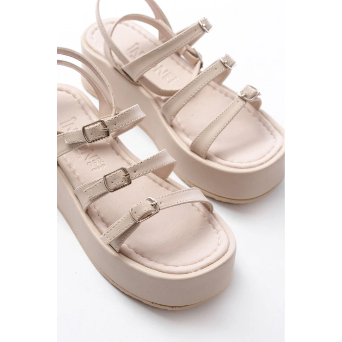 861-1222 Bej Tokalı Bilekten Bağlamalı Dolgu Kadın Sandalet