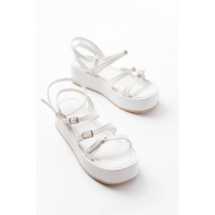 861-1222 Beyaz Tokalı Bilekten Bağlamalı Dolgu Kadın Sandalet