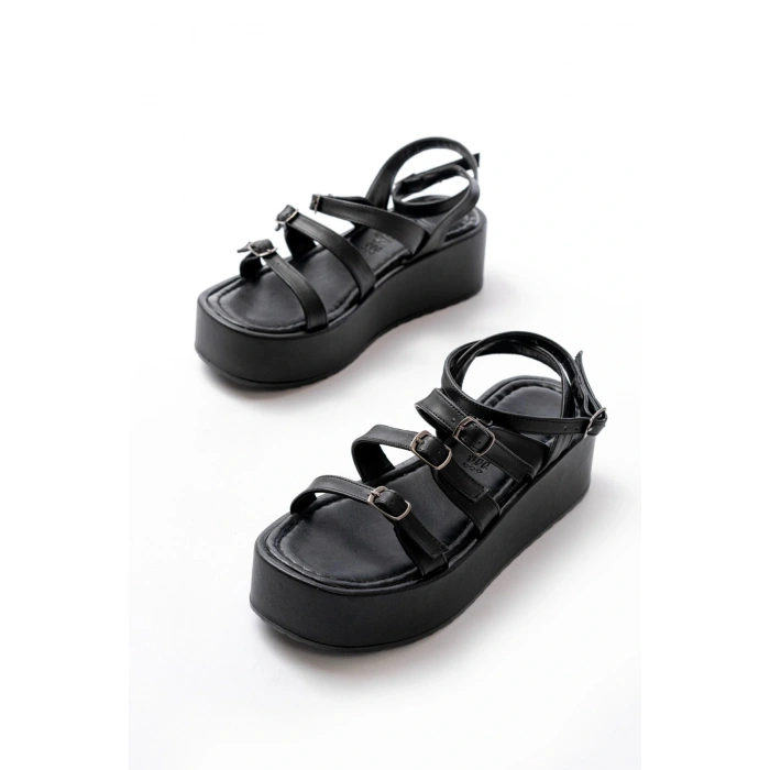 861-1222 Siyah Tokalı Bilekten Bağlamalı Dolgu Kadın Sandalet