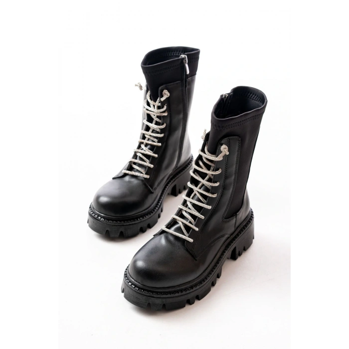 868-2006 Siyah Düz Topuklu Bağcıklı Fermuarlı Günlük Kadın Bot