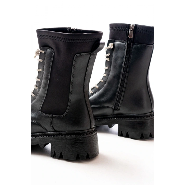 868-2006 Siyah Düz Topuklu Bağcıklı Fermuarlı Günlük Kadın Bot