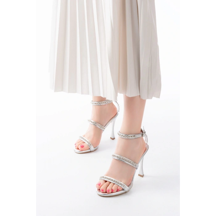 A-40 Gümüş Taşlı Platformlu Topuklu Kadın Ayakkabı