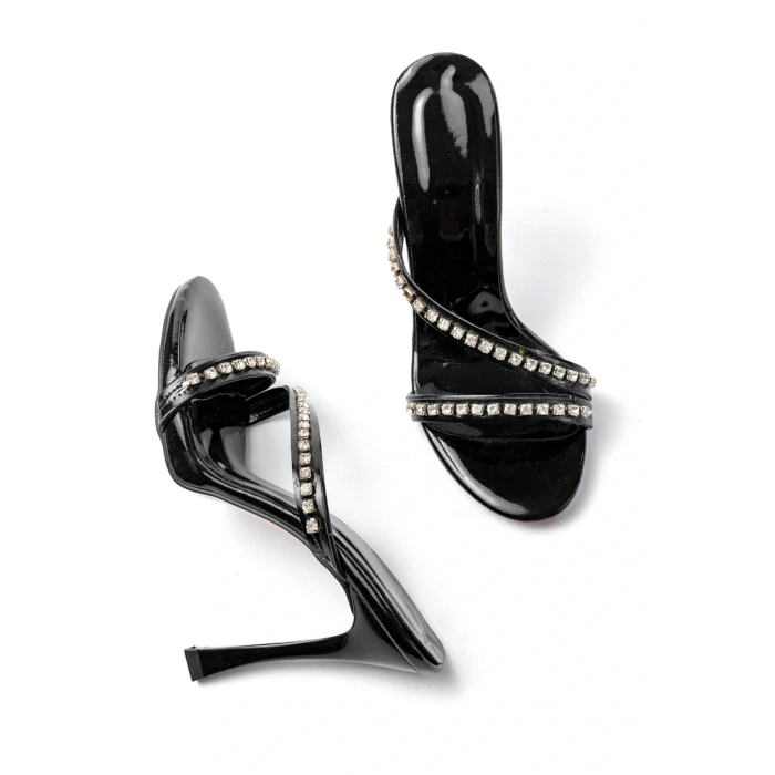 A-60 Kadın Siyah Gümüş Taşlı Platformlu Topuklu Terlik