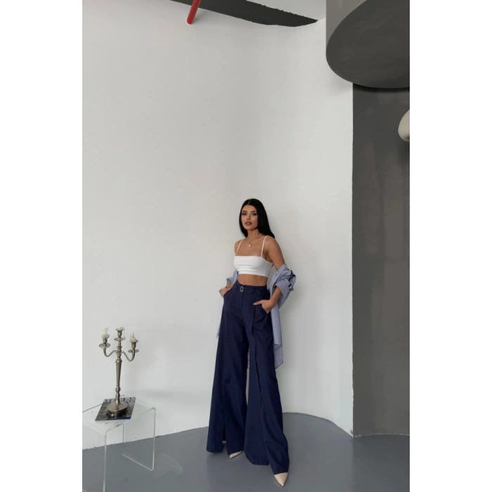 ALAŞ ÖNDEN YIRTAÇ DETAYLI BEL KEERLİ PANTOLON  Lacivert