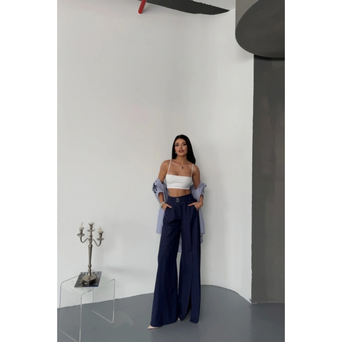 ALAŞ ÖNDEN YIRTAÇ DETAYLI BEL KEERLİ PANTOLON  Lacivert