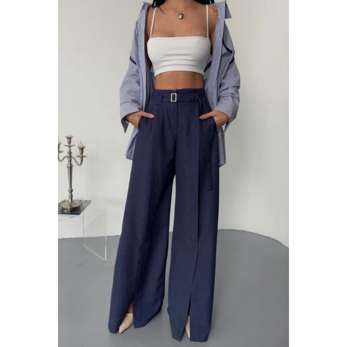 ALAŞ ÖNDEN YIRTAÇ DETAYLI BEL KEERLİ PANTOLON  Lacivert