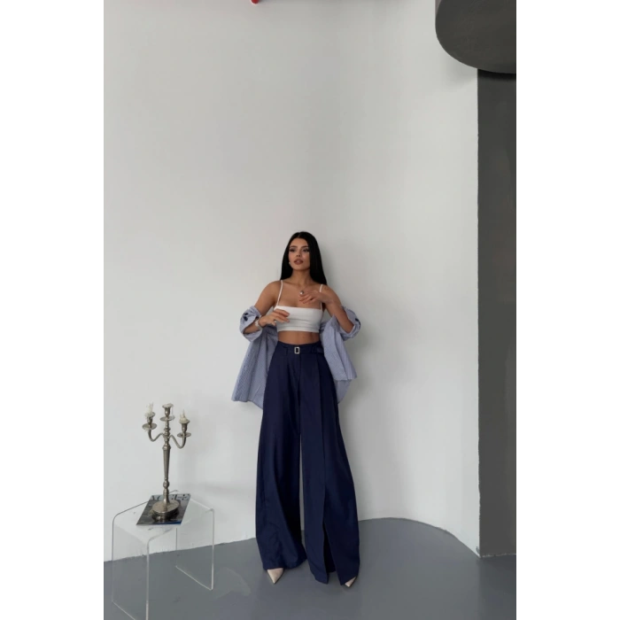 ALAŞ ÖNDEN YIRTAÇ DETAYLI BEL KEERLİ PANTOLON  Lacivert
