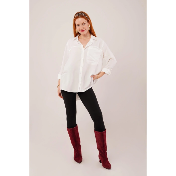 alaş Kesim Cepli Beyaz Gömlek