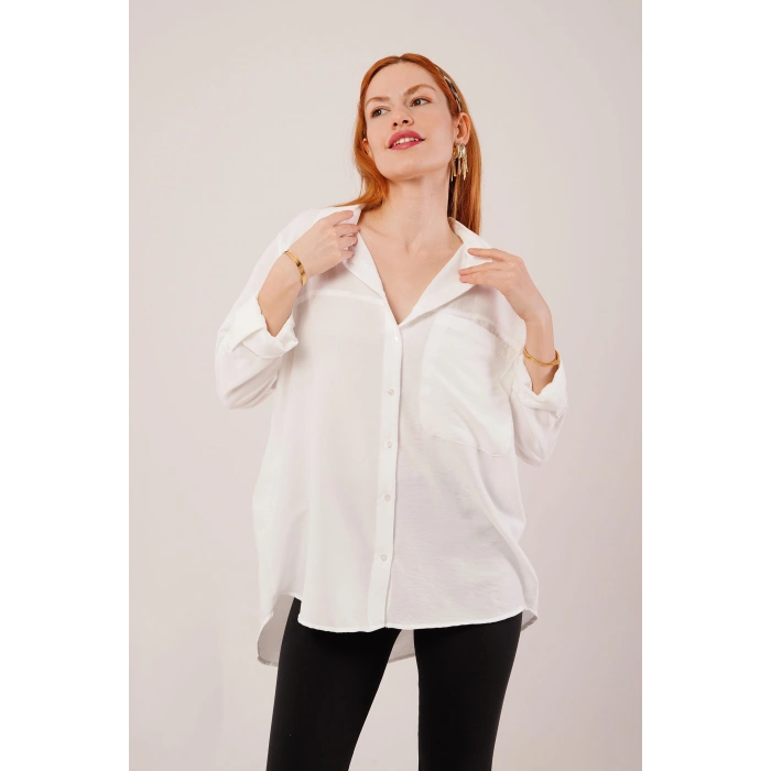 alaş Kesim Cepli Beyaz Gömlek