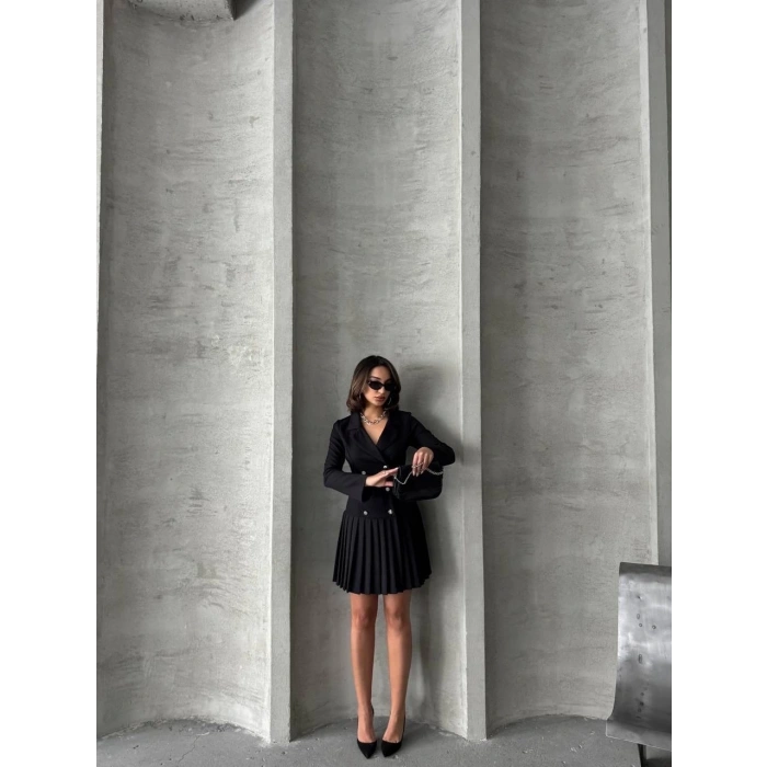 Altı piliseli uzun kollu ceket elbise siyah s255016