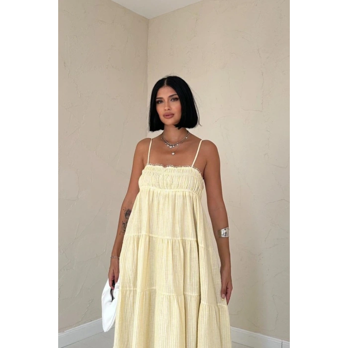 arı Askılı Parçalı Çizgili üslin Elbise