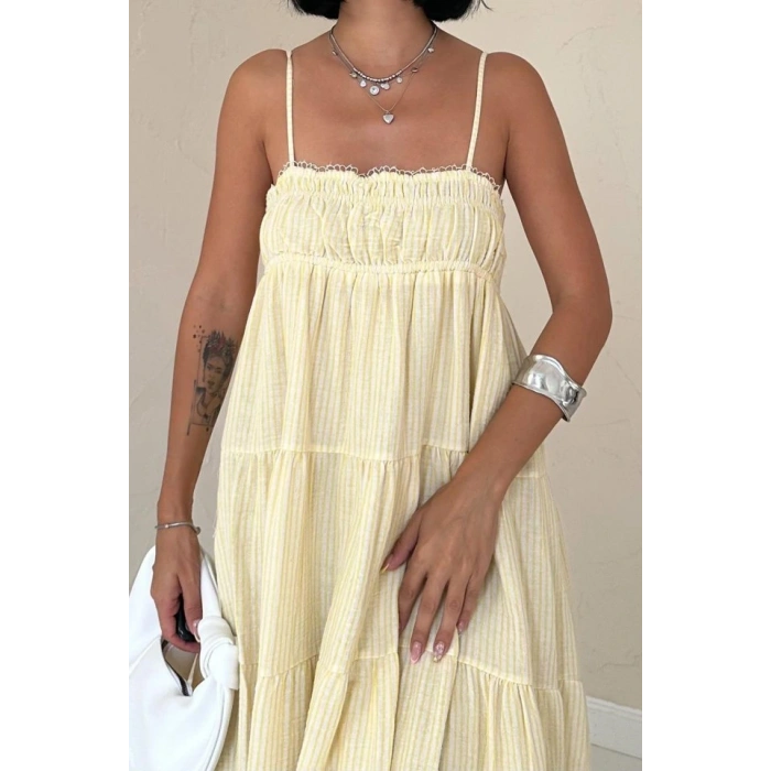 arı Askılı Parçalı Çizgili üslin Elbise