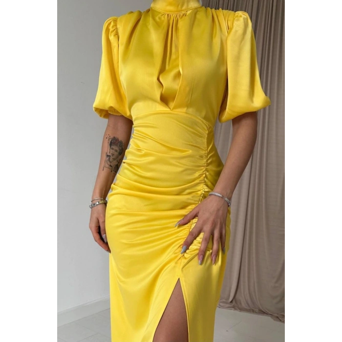 Sarı Büzgülü Saten Elbise