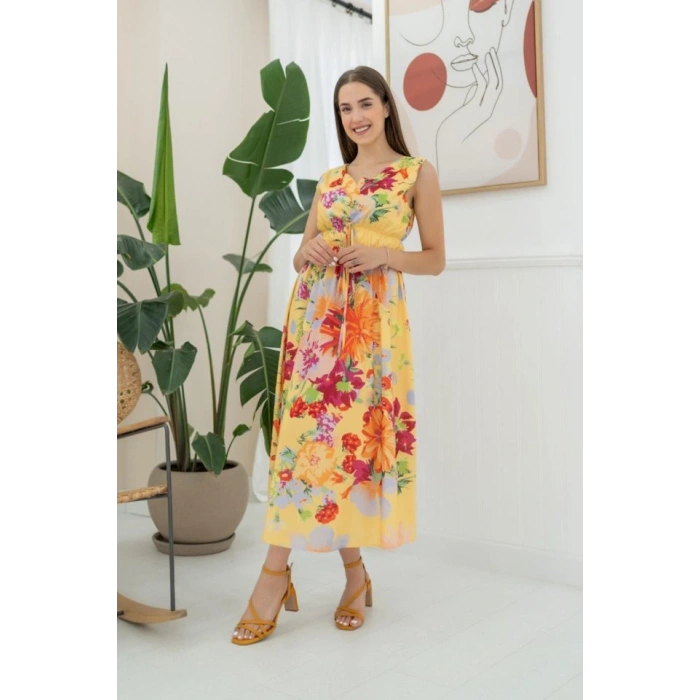 arı Çiçek Desenli Yazlık Elbise