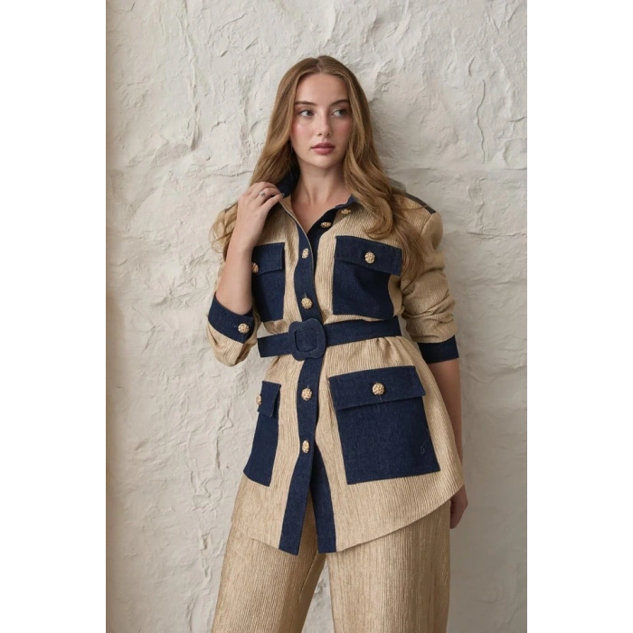 arı Garnili Cepli Gömlek Ve Pantolon Takım