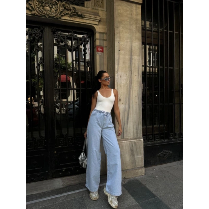 Arkadan Yırtmaçlı Jeans Kot Palazzo Pantolon  avi