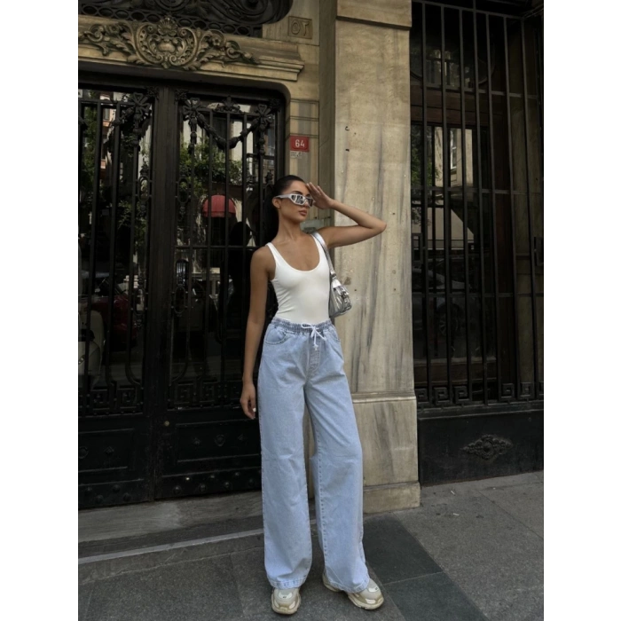 Arkadan Yırtmaçlı Jeans Kot Palazzo Pantolon  avi