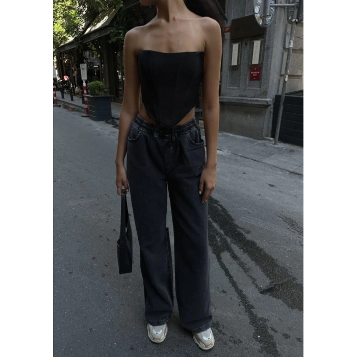 Arkadan Yırtmaçlı Jeans Kot Palazzo Pantolon  iyah