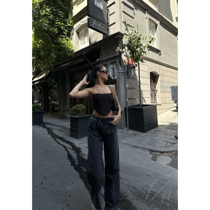 Arkadan Yırtmaçlı Jeans Kot Palazzo Pantolon  iyah