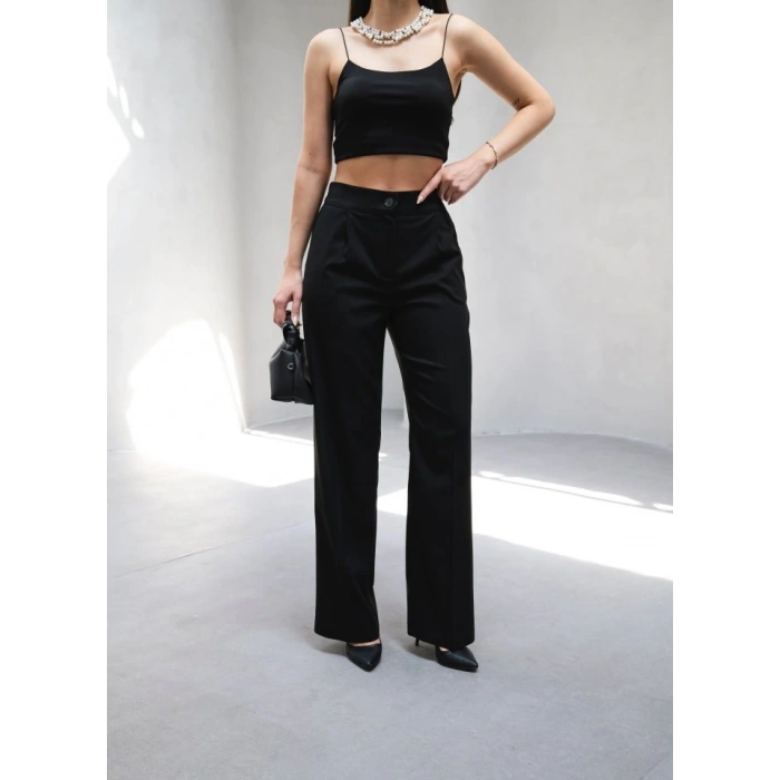 Arkasi Lasti̇kli̇ Pi̇leli̇ Dökümlü Wide Leg Pantolon