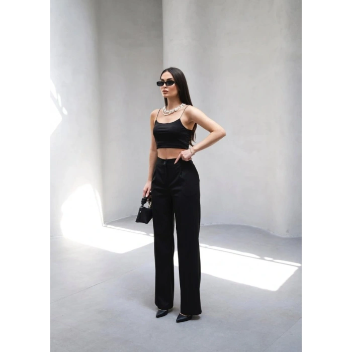 Arkasi Lasti̇kli̇ Pi̇leli̇ Dökümlü Wide Leg Pantolon