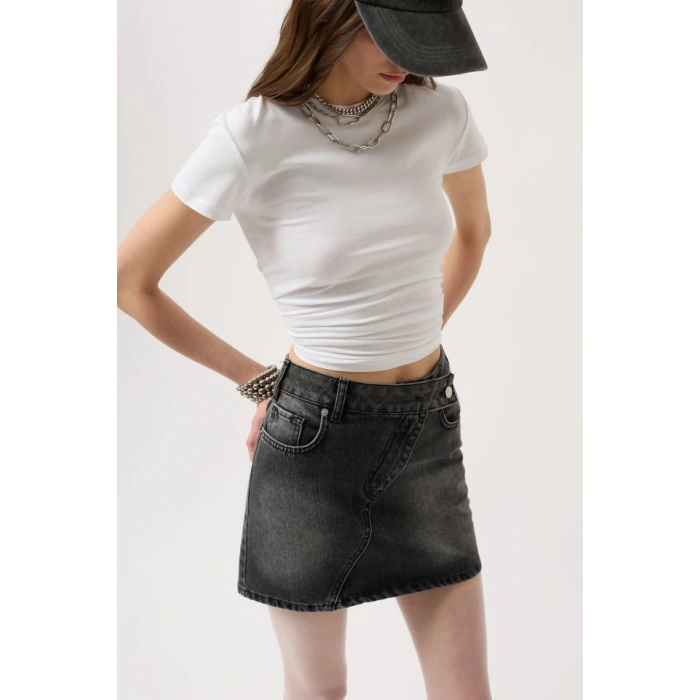 Asimetrik Kemer Denim Mini Etek