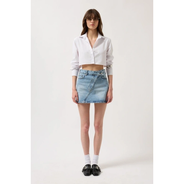 Asimetrik Kemer Denim Mini Etek