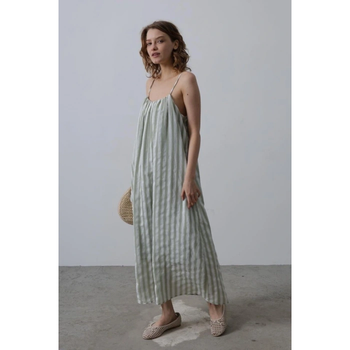 Askılı Çizgi Desen Elbise  Haki