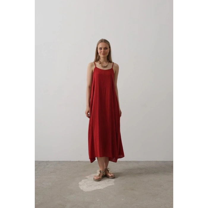 Askılı Uzun Çan Elbise  Bordo