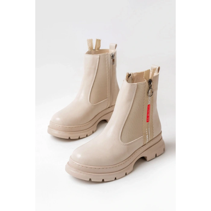 ASM-086 Bej Fashion Aksesuarlı Fermuarlı Günlük Kadın Bot
