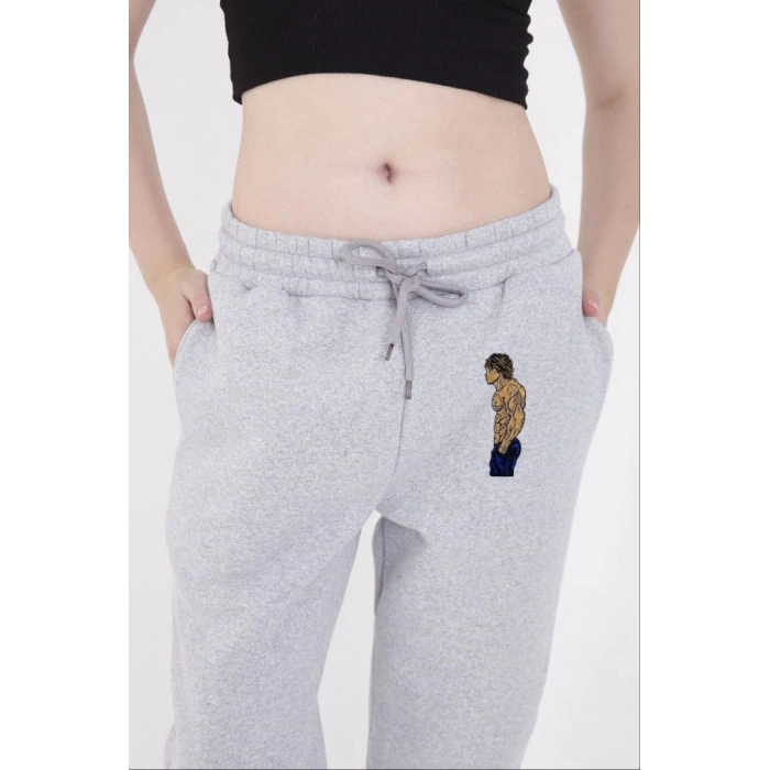 astikli Üç İplik Baskılı Eşofman Pantolon  Gri