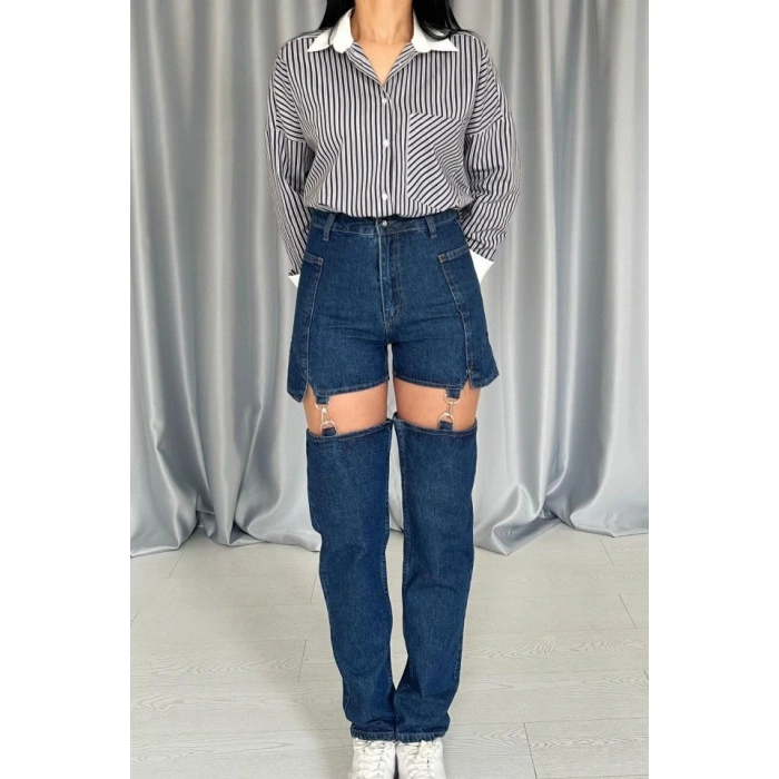 avi Askılı İki Parça Jeans Pantolon