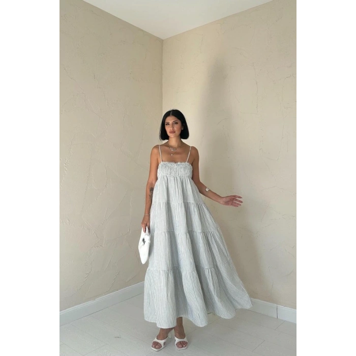 Mavi Askılı Parçalı Çizgili Müslin Elbise