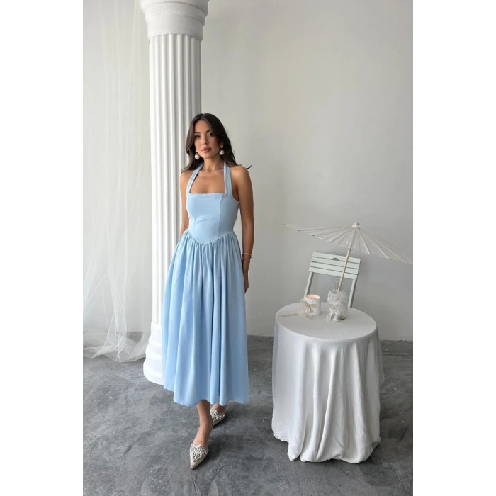 avi Boyundan Bağlamalı Keten Elbise