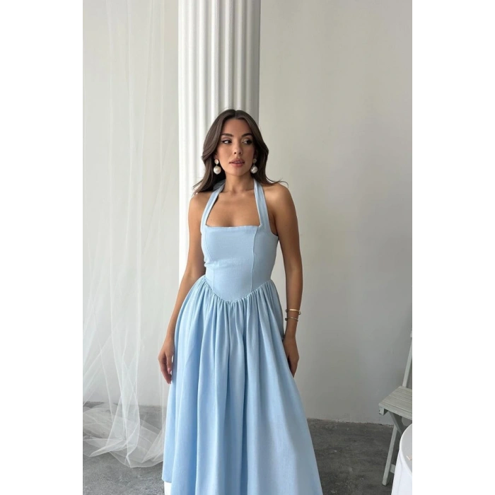 avi Boyundan Bağlamalı Keten Elbise