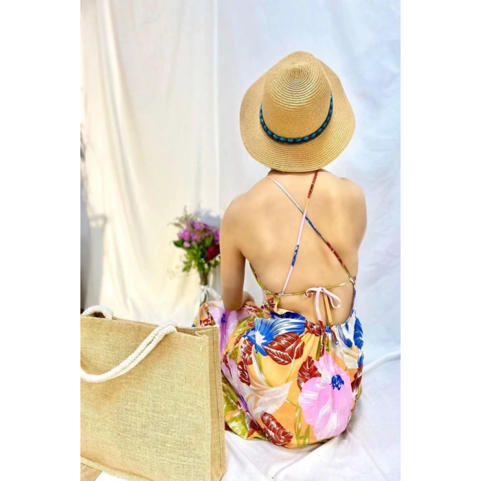 Mavi Sırt Dekolteli Keten Elbise