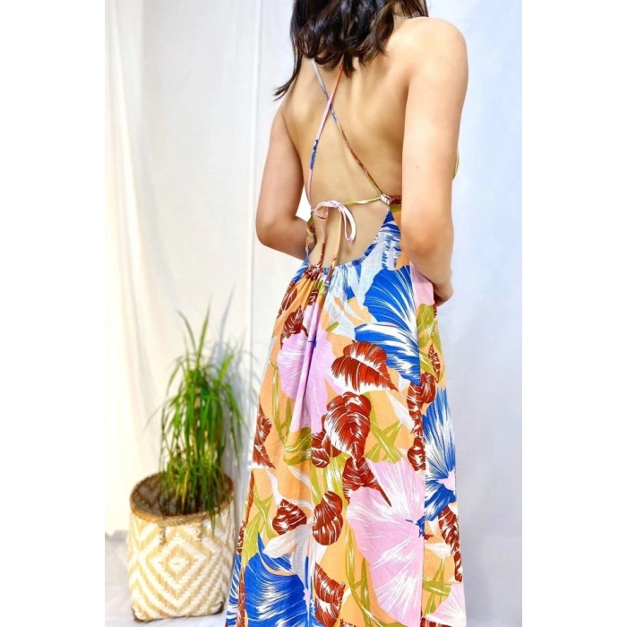 Mavi Sırt Dekolteli Keten Elbise