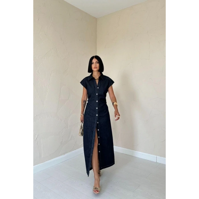 Mavi Kolsuz Vatkalı Elbise