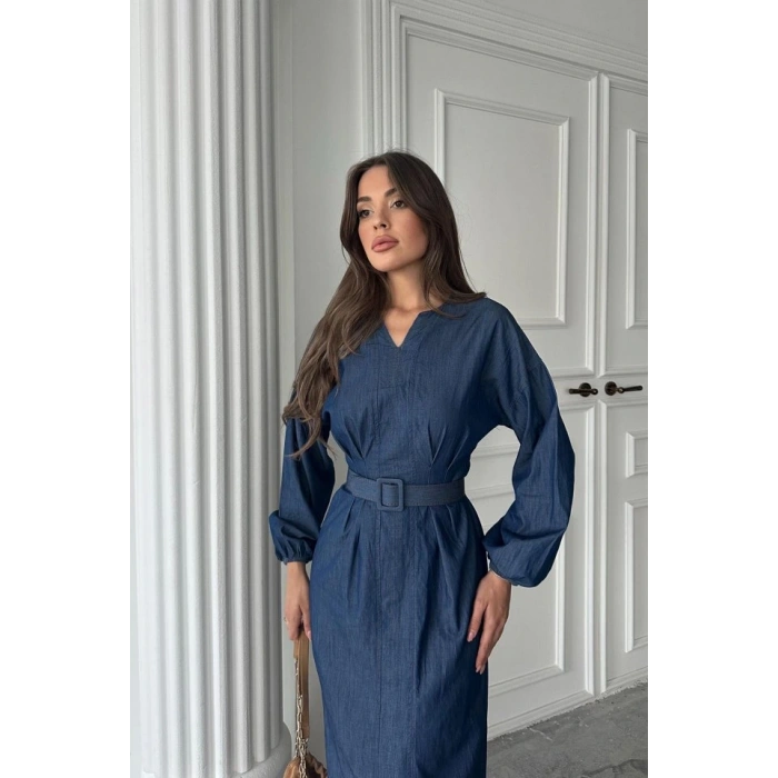 Mavi Tencel Uzun Kollu Elbise