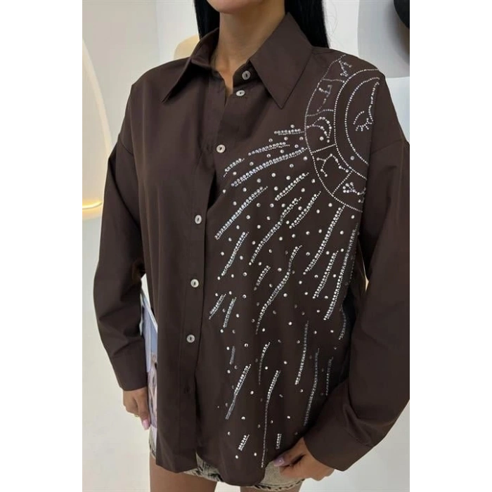 Ay Figürlü Taş İşlemeli Poplin Gömlek 3440