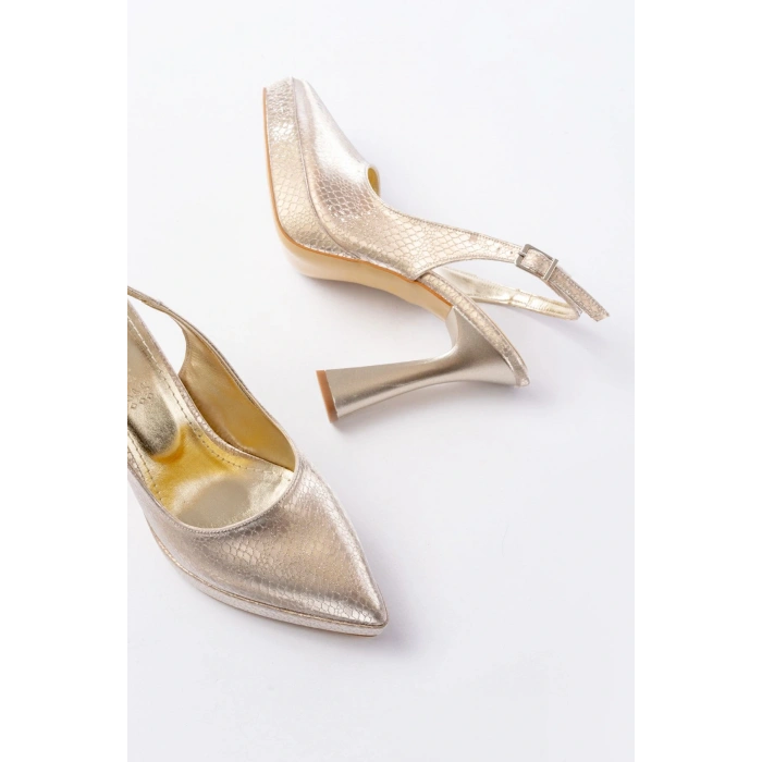 B-2101 Gold Günlük Arkası Açık Yılan Desenli Topuklu Bayan Ayakkabı