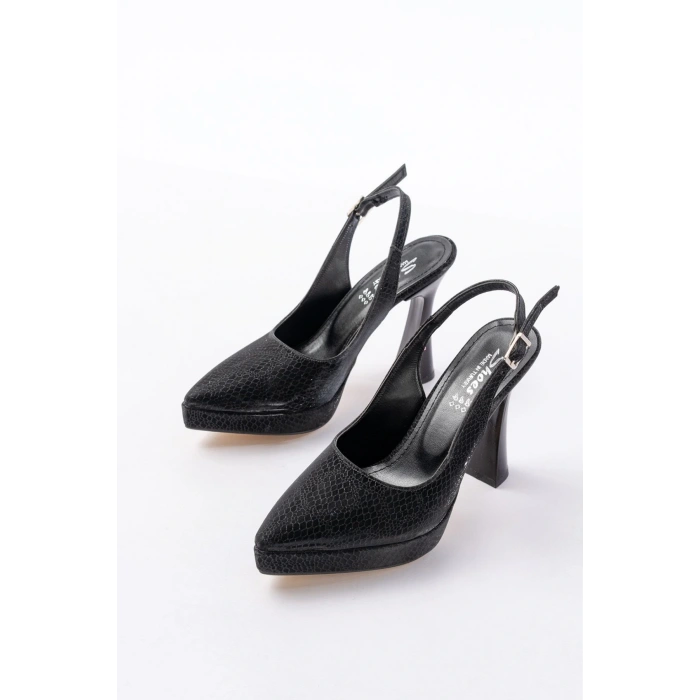 B-2101 Siyah Günlük Arkası Açık Yılan Desenli Topuklu Bayan Ayakkabı