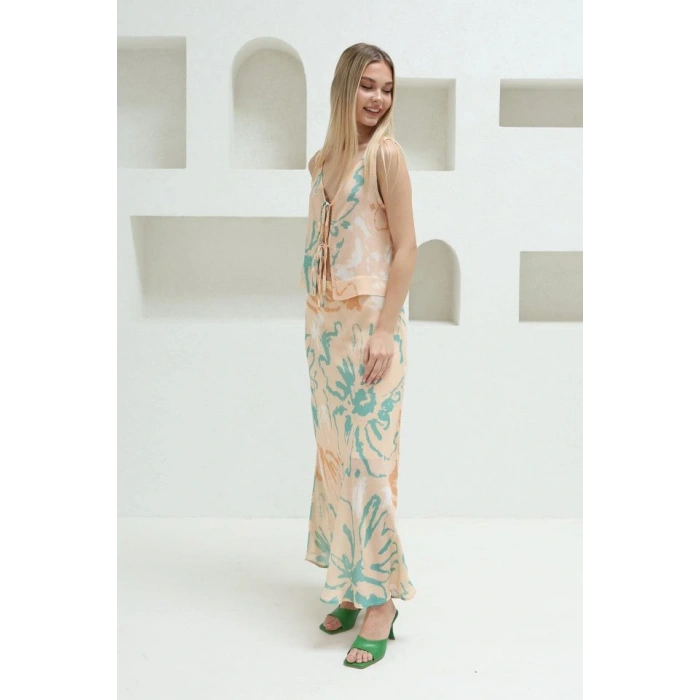 Bağcıklı Bluzlu Etek Takım  Pudra