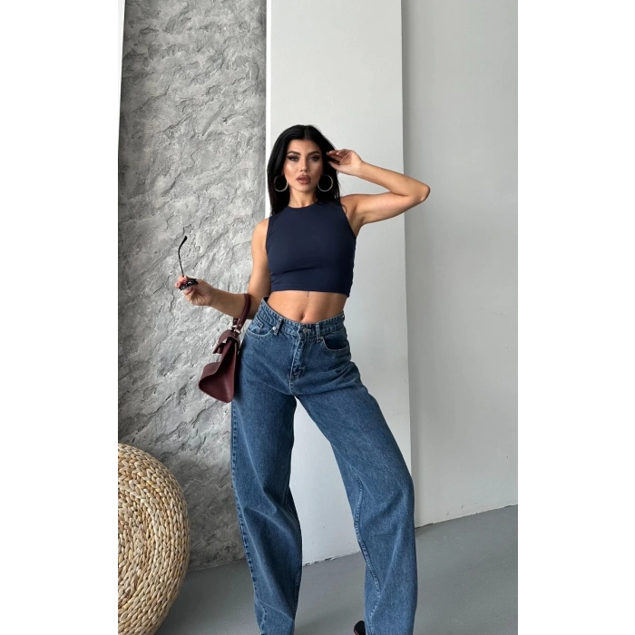 Baggy kar yıkama jeans pantolon koyu mavi d2007